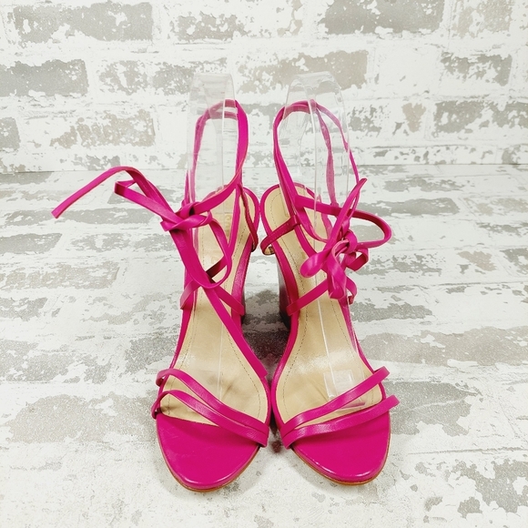 New SCHUTZ Women's Deonne Leather Strappy Hot Pink Wedges C520 - Picture 3 of 15
